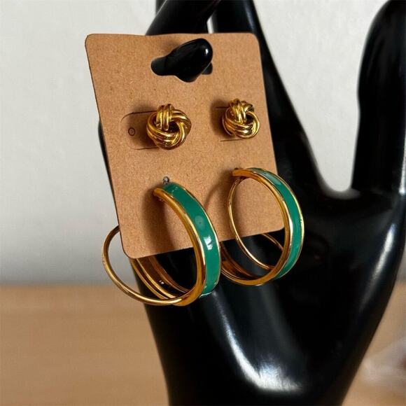 Vintage Gold & Green Hoop Knot Stud Earring Set of 2 Elegant Jewelry - Picture 2 of 7